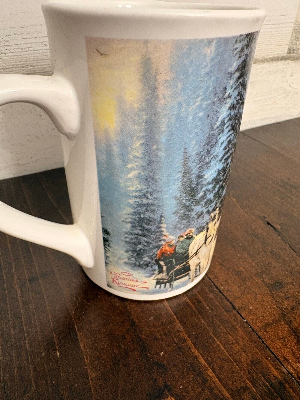 Thomas Kinkade Christmas Chapel I Ceramic Coffee Mug Winter Sleigh Scene